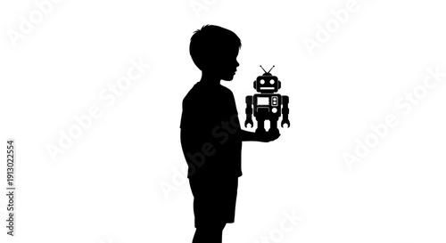 Boy Holding Robot Toy Silhouette Profile.