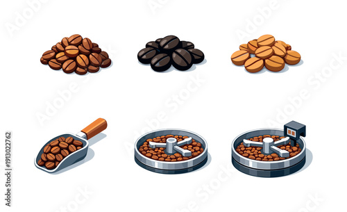 Roasted coffee. Isometric flat vector icons set of roasted coffee: roasted bean pile, dark roast beans, medium roast beans, light roast