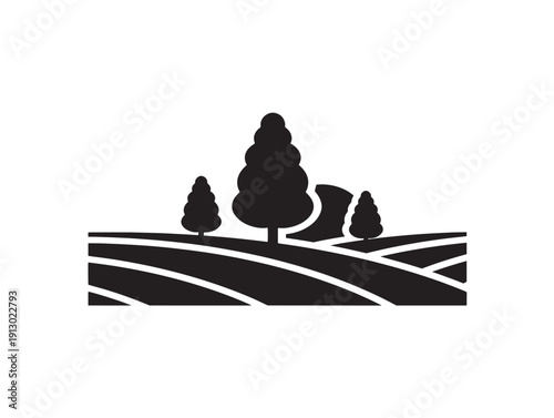 Country field trees with rustic rural tree silhouette shapes