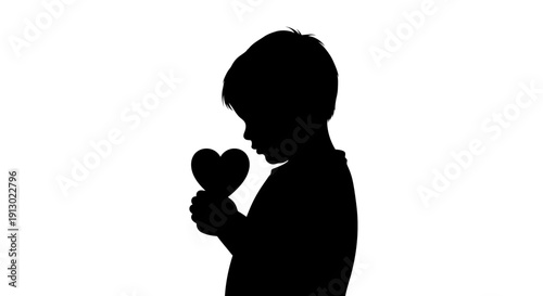Child Holding Heart Shape Silhouette Profile.