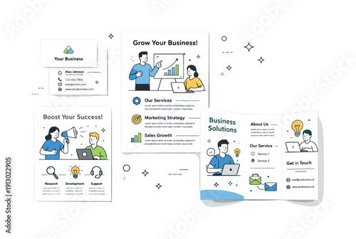 Marketing print design. Business cards, flyers and folded brochures arranged in a balanced flat lay. Clean editorial illustration focused on