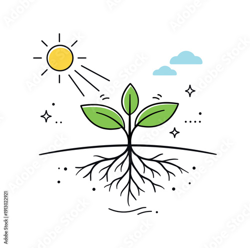 Sunlight and plant growth. A calm illustration of leaves absorbing sunlight while roots stay grounded, highlighting balance between nature