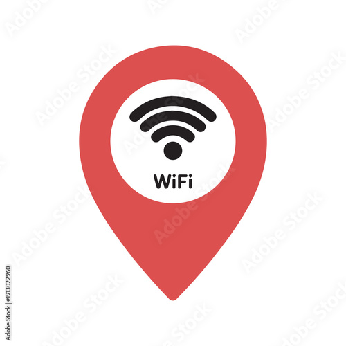 Red wifi location pin graphic with signal symbol for connectivity concepts