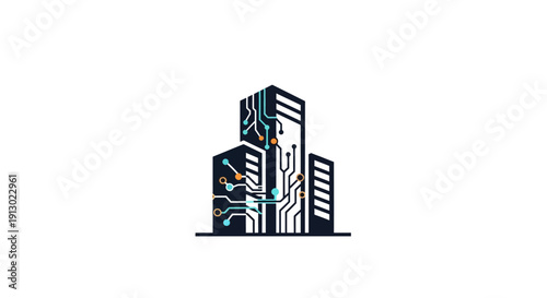 Modern City Buildings with Circuit Boards.