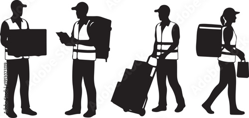 Four delivery worker silhouettes carrying package, isolated vector