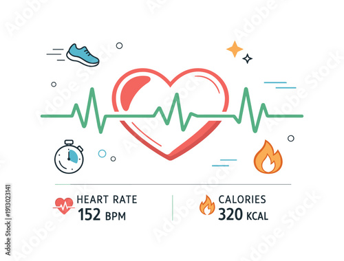 Cardio training feedback. Digital heart icon and pulse line shown on a wearable device screen. Active rhythm, health awareness and focused