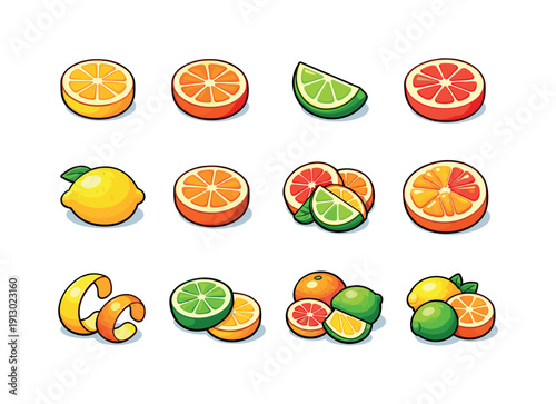    Citrus fruits. Colorful isometric vector icons set of citrus fruits: sliced lemon, sliced orange, lime wedge, grapefruit slice, whole lemon,