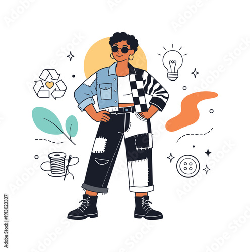 Finished upcycled outfit. Editorial scene showing a person confidently wearing a newly upcycled garment, simple background and abstract