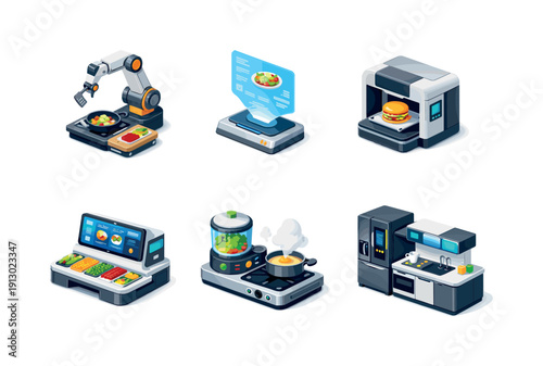 Future kitchen. Isometric flat vector icons set of future kitchen: robotic chef arm, holographic recipe screen, smart food printer, AI meal