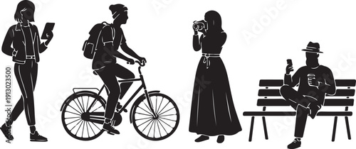 Four diverse people silhouettes in modern lifestyle poses, isolated on white.
