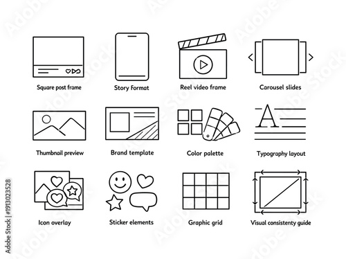 Social media visuals. Line icon set of Social media visuals: square post frame, story format, reel video frame, carousel slides, thumbnail