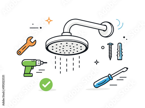 Minimal shower installation illustration. A shower head and wall pipe drawn with clean lines, small tool icons and motion lines floating