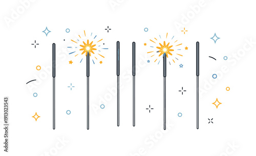    Sparkler sticks. A flat lay of lit and unlit sparklers on a clean surface, surrounded by scattered soft light particles and minimal festive
