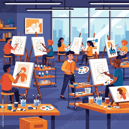 People painting on large canvases together.