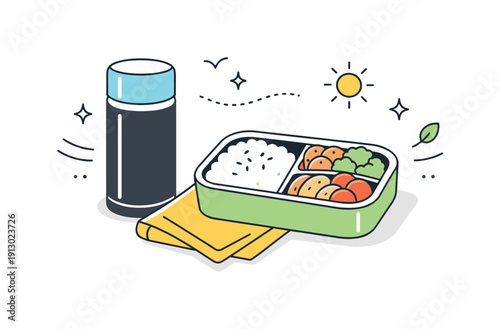 Elegant Outdoor Lunch. Thermal flask with lunch setup. A closed thermos beside a bento box and cloth napkin, abstract lines and icons indicating a thoughtful