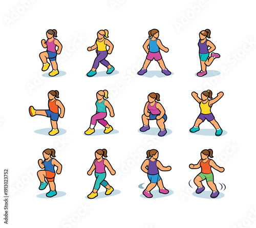 Aerobic Moves. Colorful isometric vector icons set of Aerobic Moves: march in place, grapevine step, V-step, hamstring curl, kick front, heel