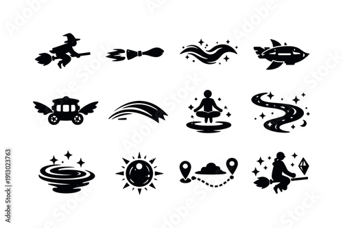 Wizardry Air Travel. Solid icon set of Wizardry Air Travel: wizard on broom, magical propulsion, spell wave, airborne transport, fantasy
