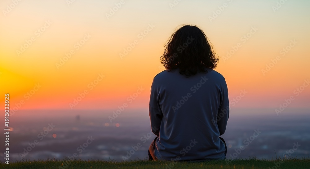Fototapeta premium person watching sunset, peaceful contemplation, orange sky
