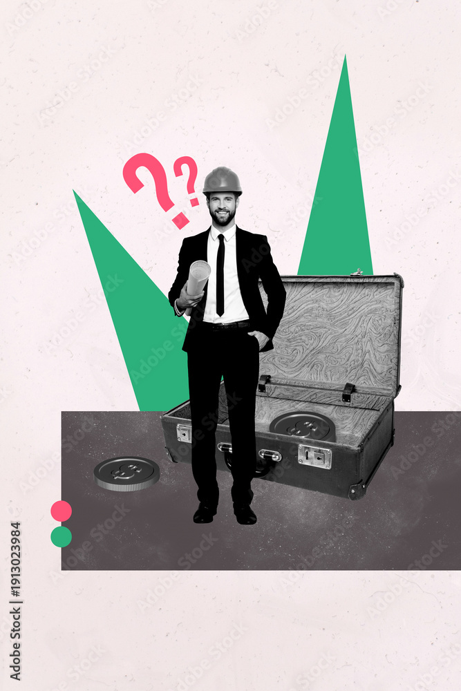 © deagreez - Vertical artwork collage poster of puzzled girl man show empty suitcase coin dollar loss inflation crisis question mark collapse