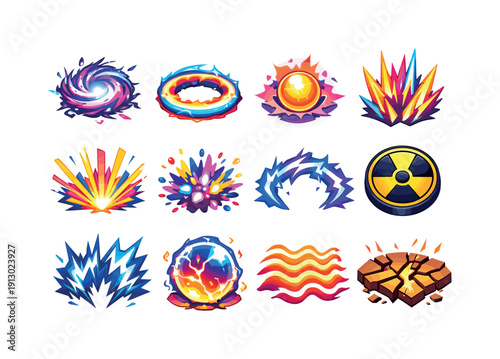    Energy Explosion. Colorful isometric vector icons set of Energy Explosion: plasma burst, shockwave ring, glowing core, energy spikes, light