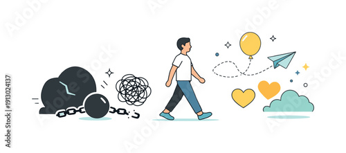 Resilience and recovery scene. A person walking forward while leaving heavier abstract shapes behind, moving toward lighter forms. The mood