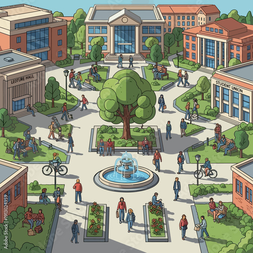 People walking in university campus courtyard.