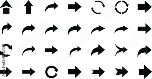 Navigation direction and refresh arrow icon collection in bold black vector illustration isolated on light background for interface design