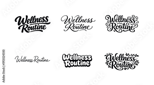 Wellness routine (personal, non-brand, organic mood). Set lettering. harmonious lettering variations of the same emblematic concept, each