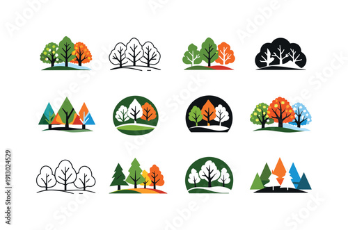    Trees and forest ecosystems with seasonal changes. Icon set. Set Logo of trees and forest ecosystems with seasonal changes: forest canopy