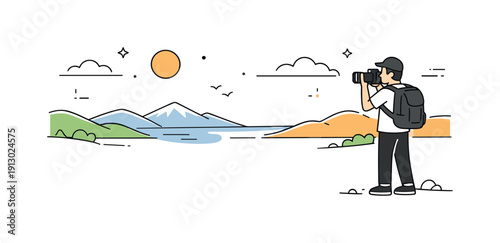 Panoramic photography wide-angle shots. A photographer capturing a vast landscape with a wide-angle camera, standing calmly with an open