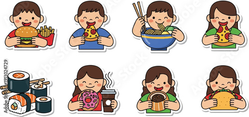 People eating diverse foods illustration set