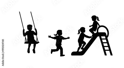 Children Playing on Playground Equipment Silhouettes.