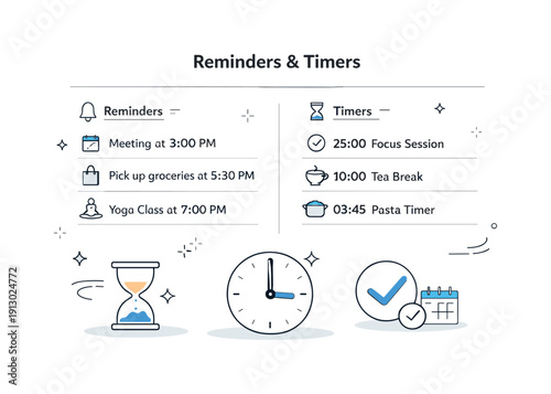Minimalist Timer Interface. Setting reminders and timers. A clean interface with multiple timers and reminders organized on a screen, showing planning and time