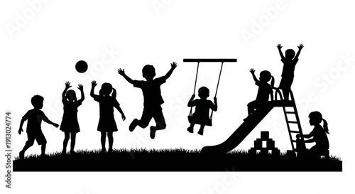 Children Playing on Playground Equipment Silhouettes.