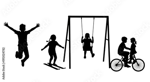 Children Playing on Playground Equipment Silhouettes.