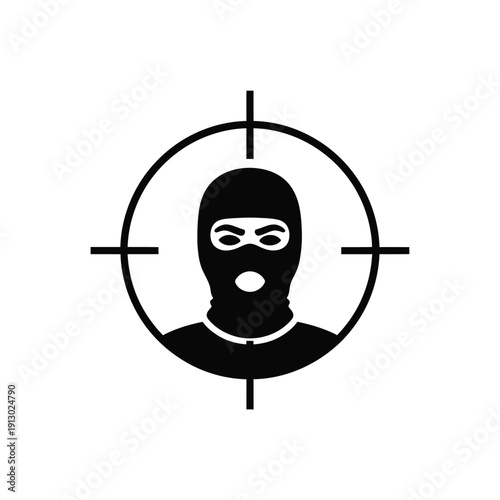 Vector illustration icon black silhouette of a masked person in a target scope on a isolated