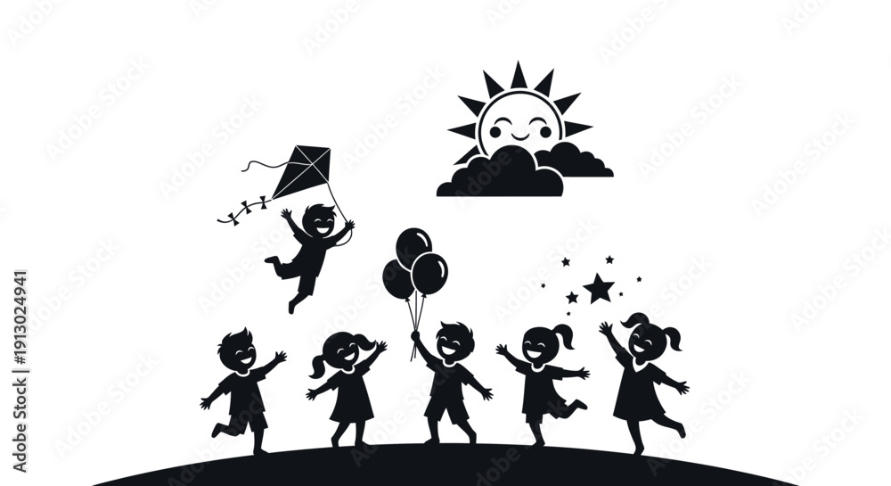 Obraz premium Children Playing with Kites and Balloons Silhouette.