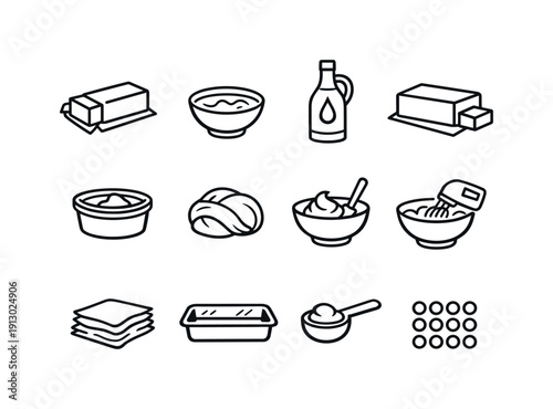 Baking Fats Icons. Fats in baking. Line icon set of Fats in baking: butter stick, melted butter, baking oil bottle, shortening block, margarine tub, pastry