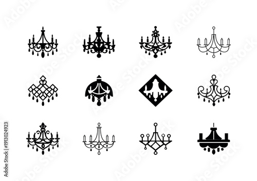 Luxury home design and features. Icon set. Set Logo of Luxury home design and features: luxury interior chandelier. harmonious logo