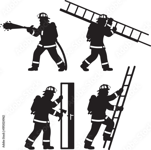  Four firefighter silhouettes in action stance, clean vector style