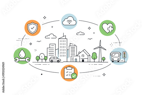 Smart city service management. A simplified cityscape with service symbols connected by gentle lines, illustrating coordination and