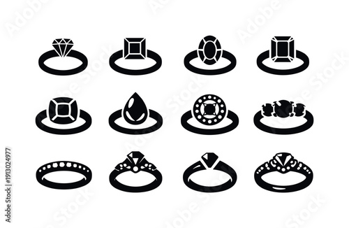    Diamond rings. Solid icon set of diamond rings: round cut diamond ring, princess cut ring, oval diamond ring, emerald cut ring, cushion cut