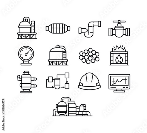   Industrial Catalysis. Line icon set of Industrial Catalysis: factory reactor, catalytic converter, pipeline, control valve, pressure gauge,