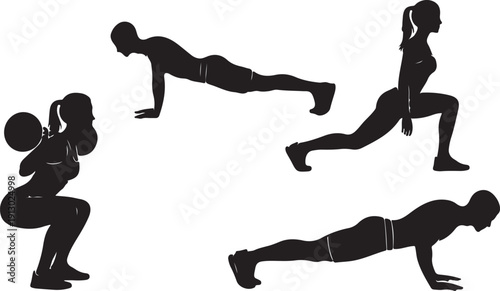 Four fitness workout silhouettes in different exercises, vector isolated on white.