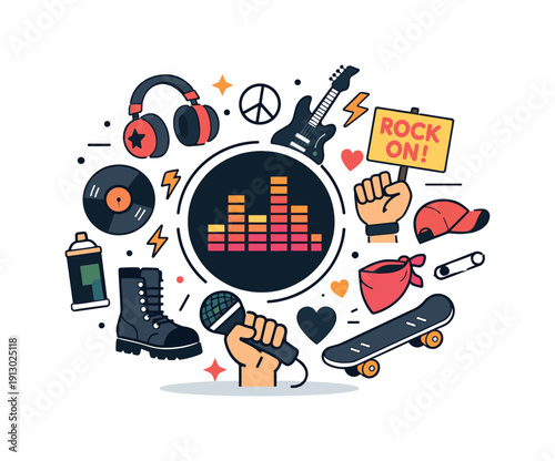 Music culture and youth movements represented by a collage of fashion items, music symbols and protest-style graphics orbiting a central beat