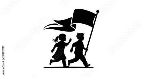 Children Running with Flag Silhouette Illustration.
