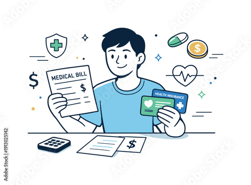 Lower-cost medical care. A person reviewing simple medical bills and insurance cards with a calm expression, symbolizing transparency and