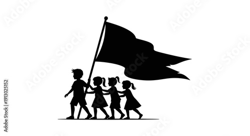 Children Running with Large Black Flag.
