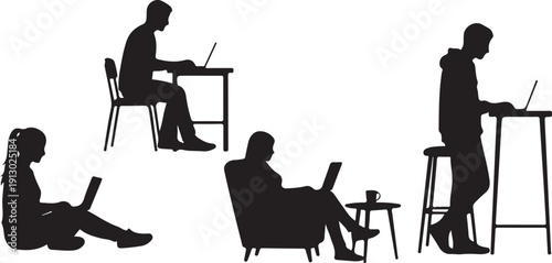 Four freelancer silhouettes working on laptop, clean white background