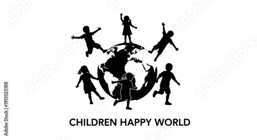 Children Silhouettes Around Globe Happy World.